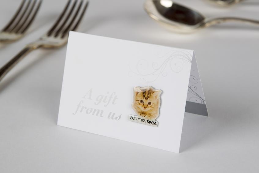 Silver kitten wedding favours card