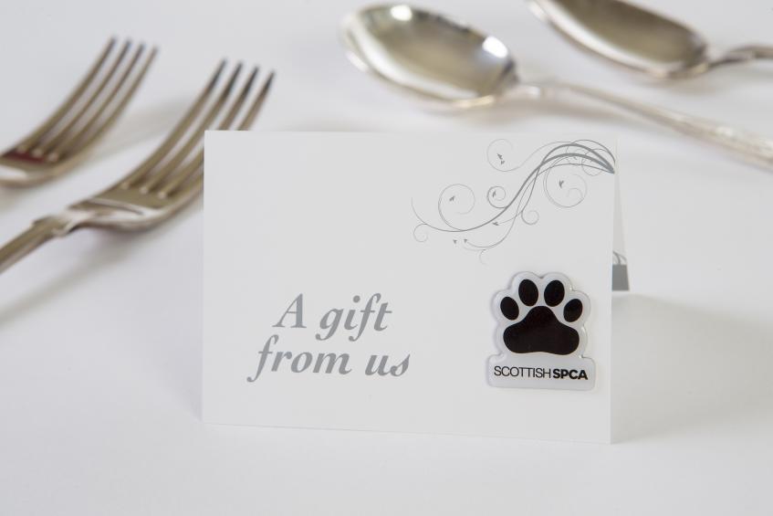 Silver pawprint wedding favours card