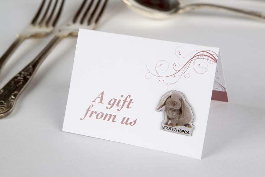 Rose gold rabbit wedding favours card