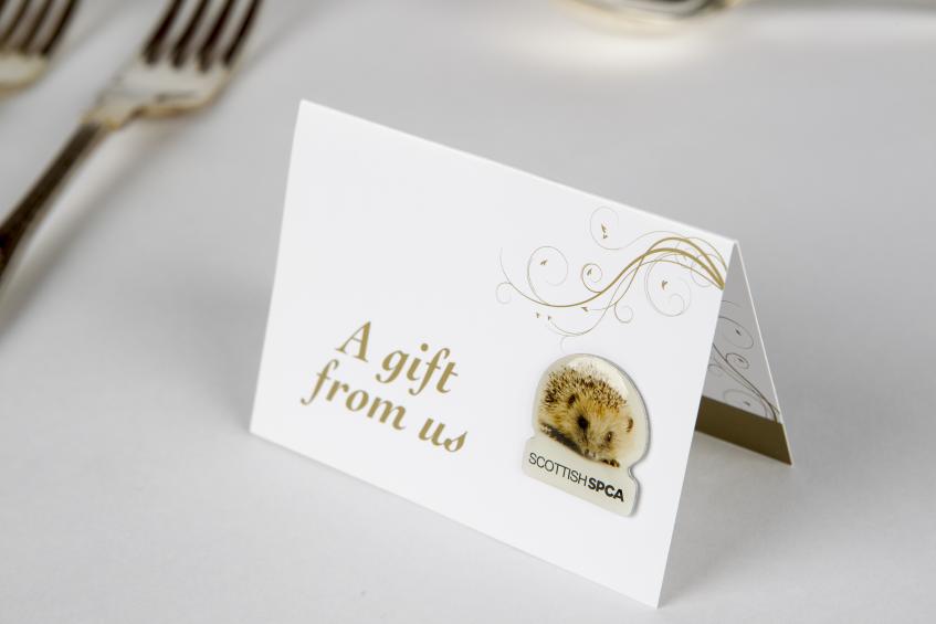 Gold hedgehog wedding favours card