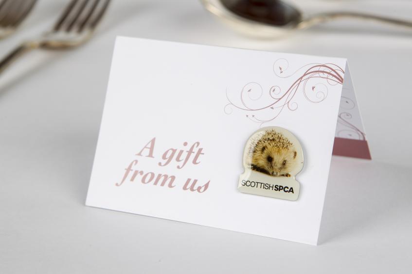 Rose gold hedgehog wedding favours card