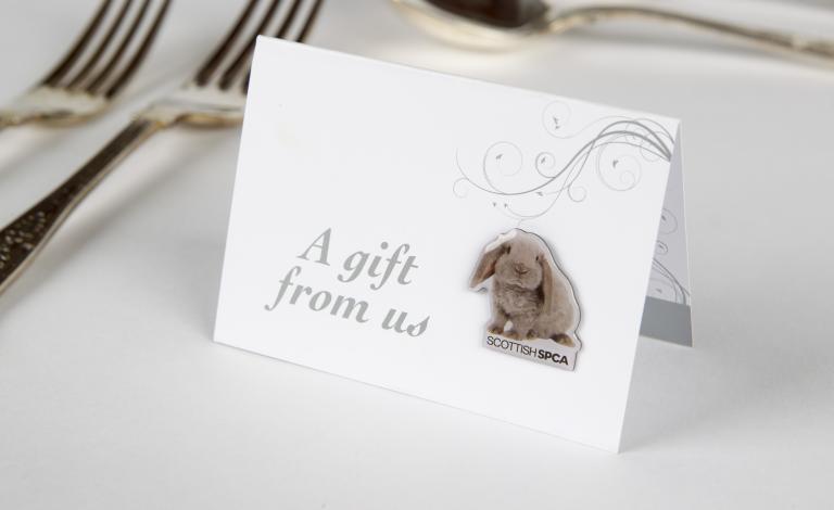 Silver rabbit wedding favours card