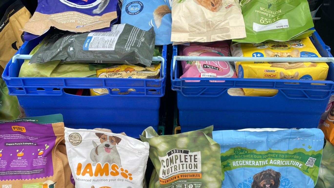 Image of dog and cat food bags in crates. Image to be used in article for record breaking donation for Fife foodbanks.