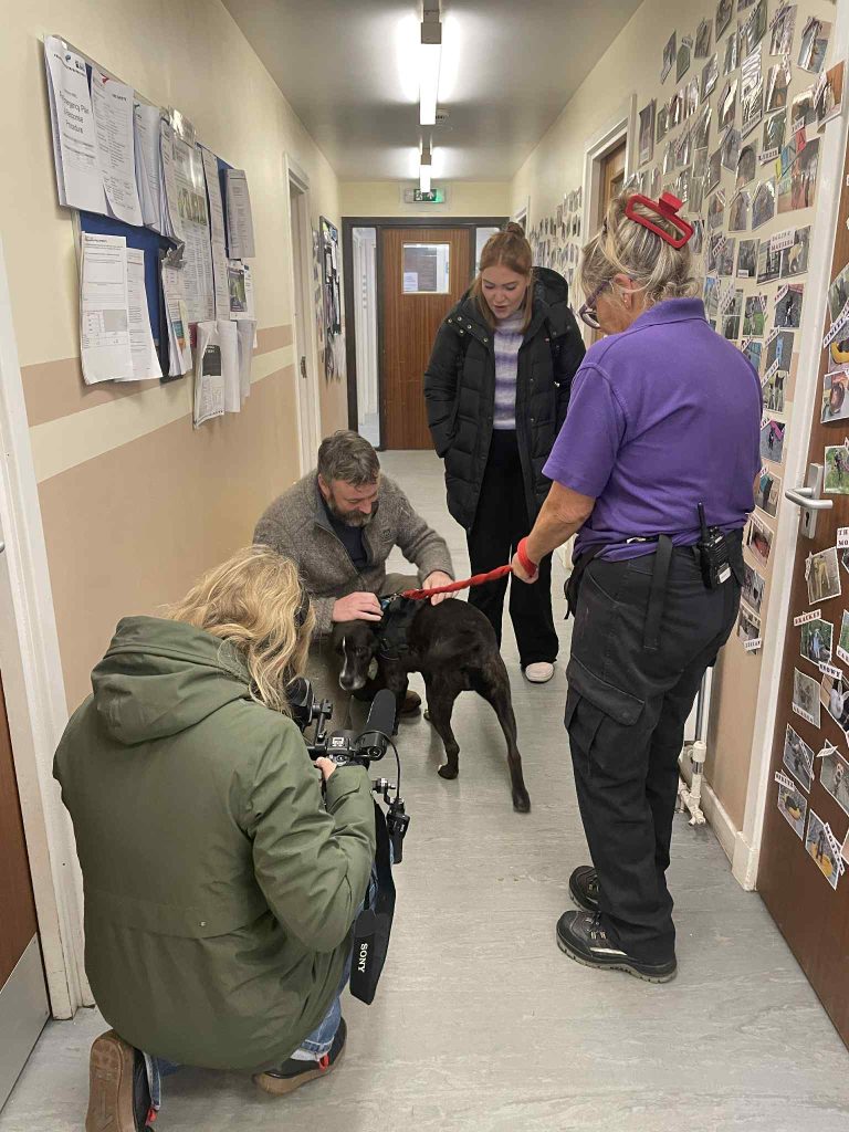 Gazza, the dog, filming with crew for BBC ALBA's Cù Leis Thu? A Puppy for Padruig