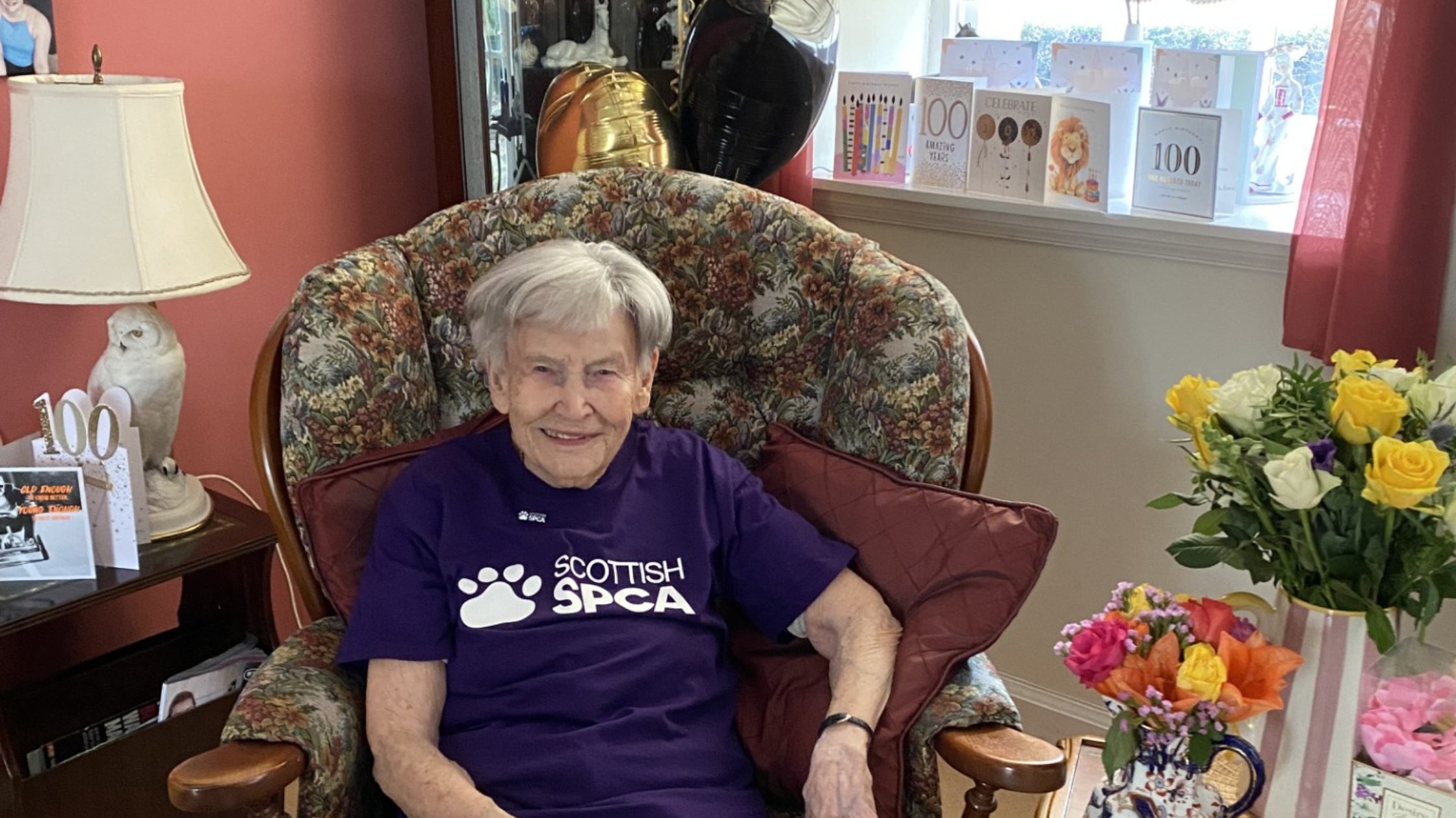 Photograph of Gladys, celebrating 100th birthday with fundraiser to Scottish SPCA