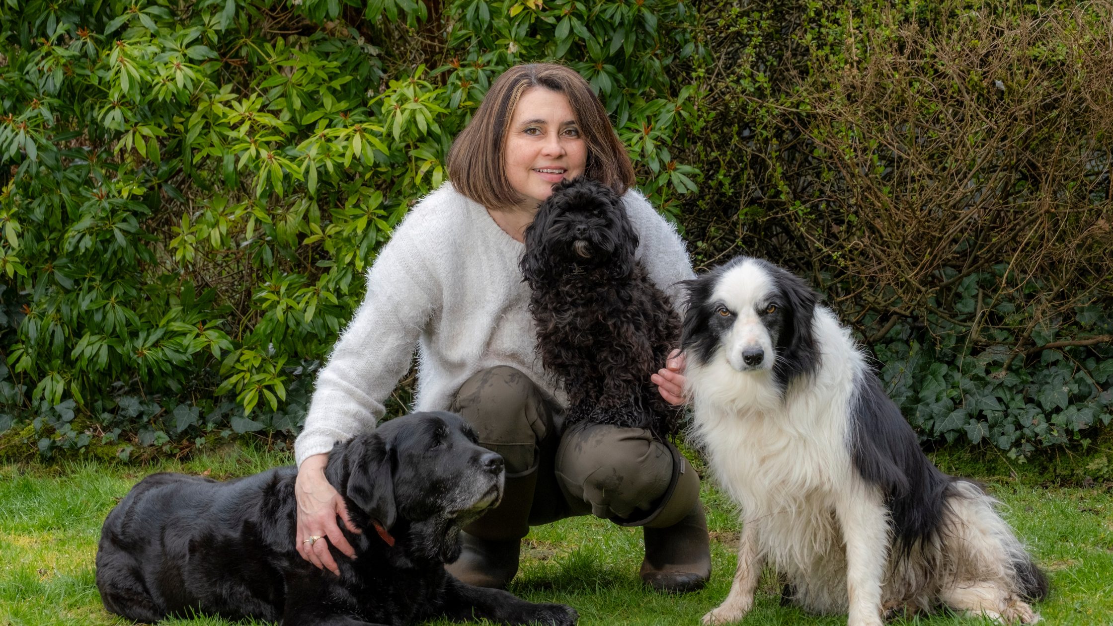 Woman crouching with three dogs
